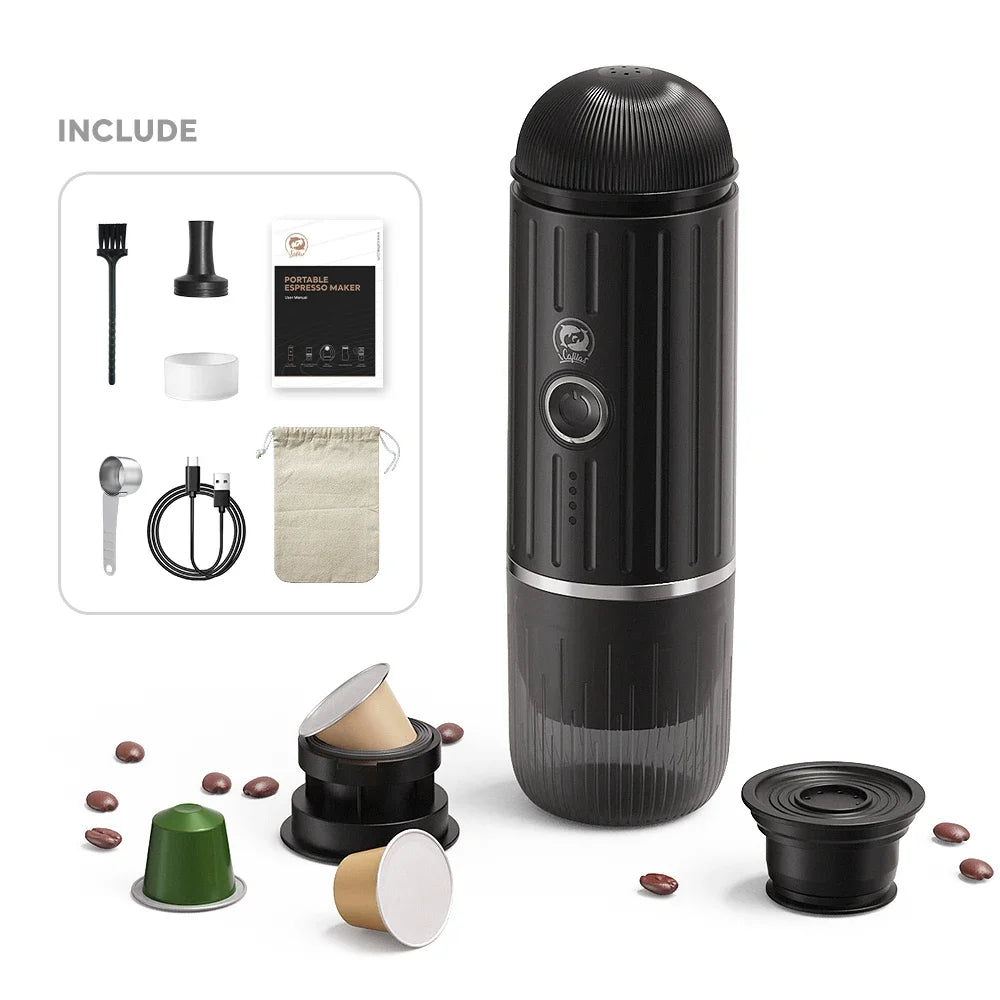 Coflila black portable electric espresso maker with accessories, capsules, and charging cable on a white background.
