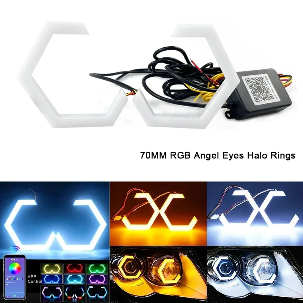 Hexagon LED Angel Eyes RGB Halo Rings for Headlight - Multi-Size 70mm Tidesmit