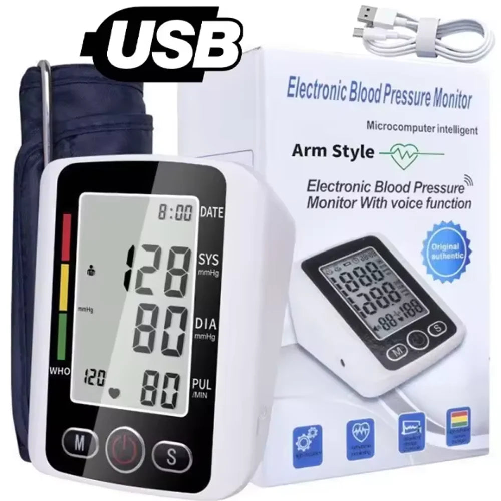 Upper Arm Blood Pressure Meter Automatic Tonometer BP Cuff Machine Medical Sphygmomanometer Home Tensiometer Digital BP Monitor