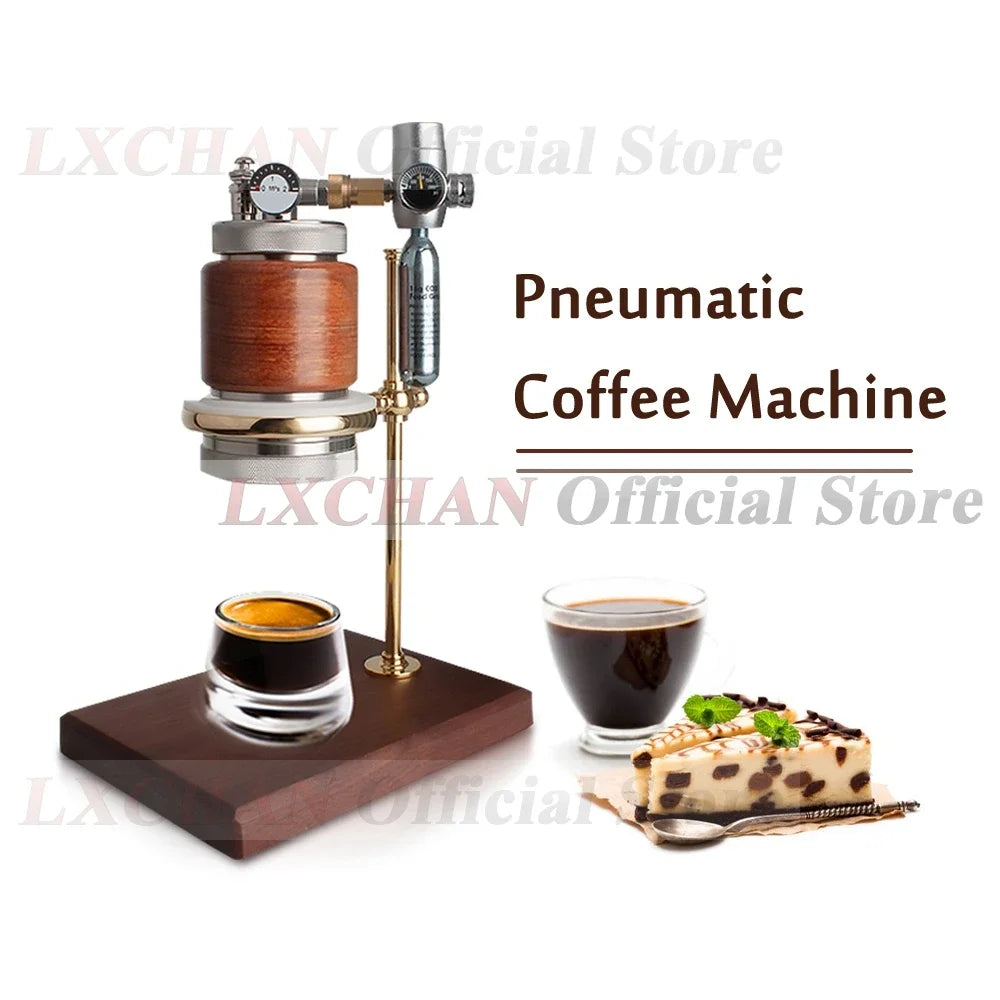 LXCHAN pneumatic coffee machine with wood and metal finish, featuring a CO2 pressure gauge on a wooden base.