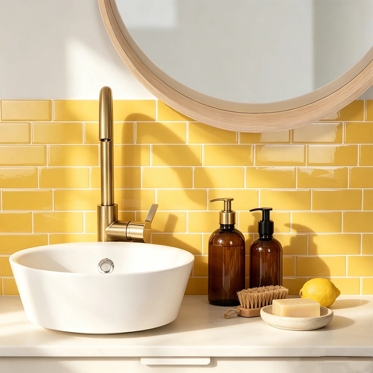 5/10/20pcs Bright Yellow Subway Peel and Stick Backsplash Tiles, Waterproof Self Adhesive Wall Stickers for Kitchen Bathroom