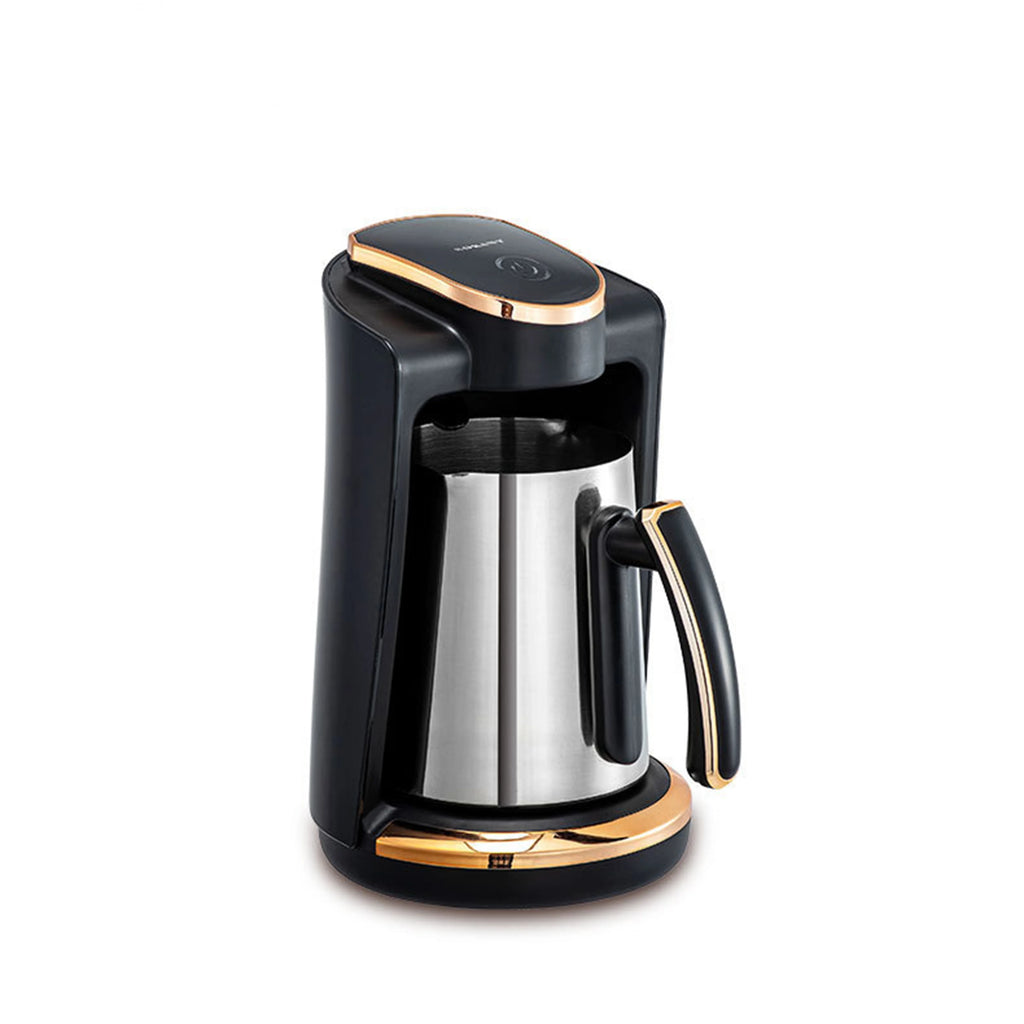 Karaca black and rose gold electric Turkish coffee maker with a sleek stainless steel pot on a white background.