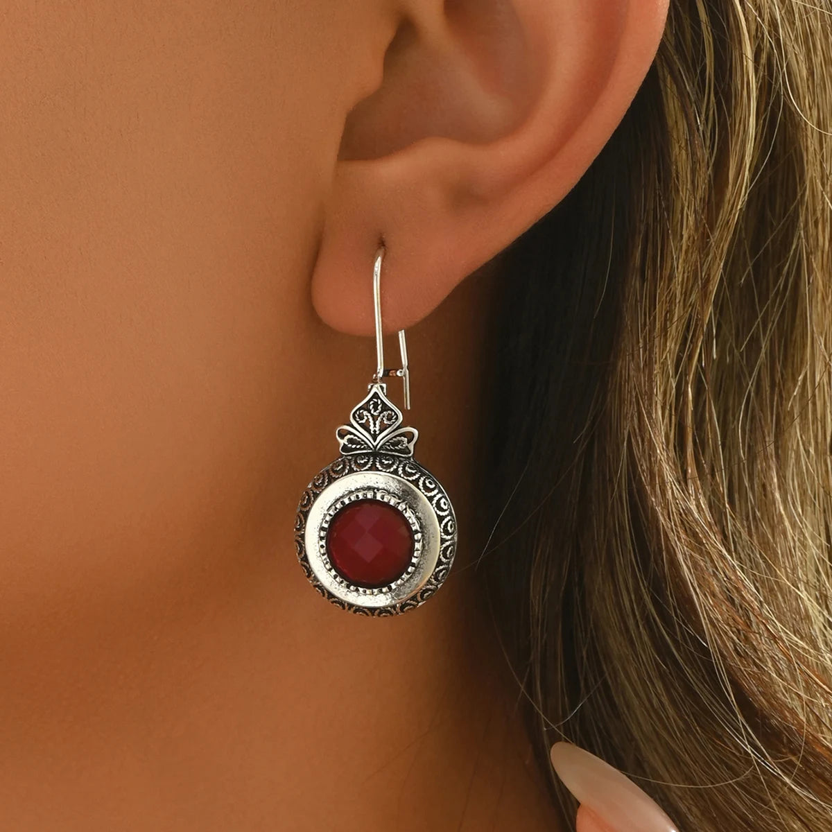 Retro Round Inlaid Redstone Earrings With Geometric Creativity Silver women's Jewelry Pendant Earrings