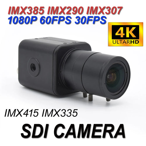 Black mini SDI CCTV camera with built-in lens and compact box housing