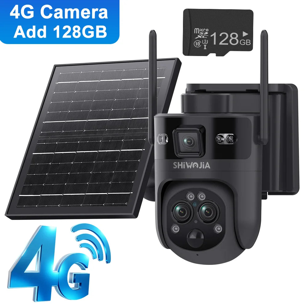Black outdoor solar security camera with 4G, three lenses, and solar panel plus 128GB TF