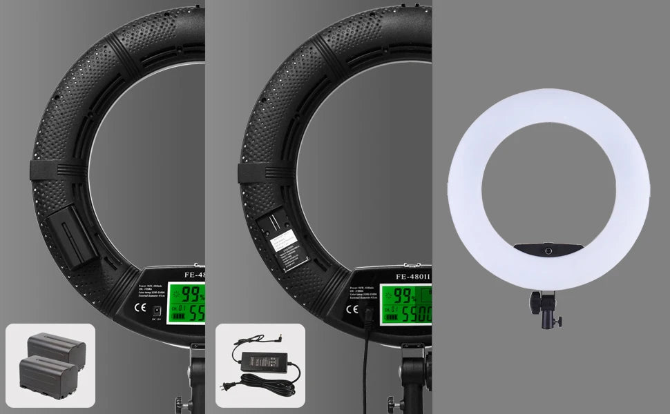 18-inch LED ring light with digital display, power adapter, and two rechargeable batteries for studio photography.