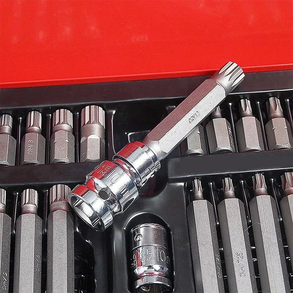 40PCS Torx Hex Spline Bit Socket Set with 1 Pair Work Gloves, CR-V Steel Drive Bits with Red Metal Storage Box, Professional Auto Repair Mechanic Tool Kit Compatible with Ratchet Wrench, Electric Drill for Garage DIY Househol