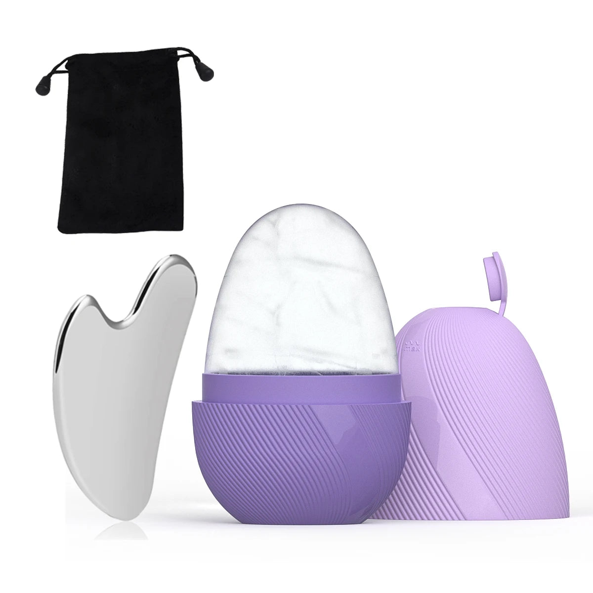 A set with a purple silicone ice roller, a silver heart-shaped gua sha tool, and a black velvet drawstring bag.