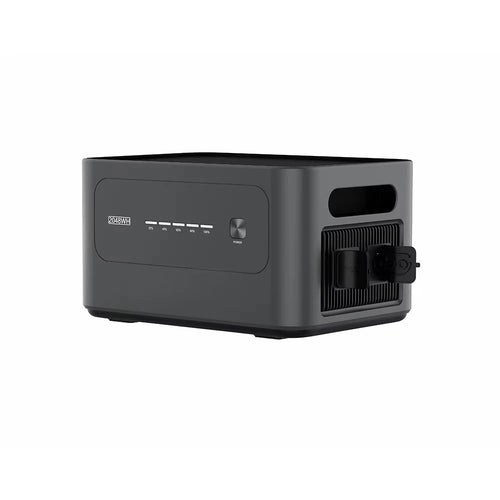 Grey Aferiy 2048Wh solar battery unit with a power button, charge level indicator, and side connection ports.