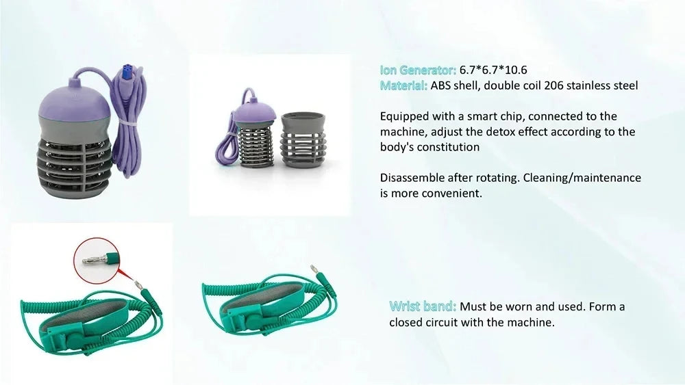 Ionic detox foot bath array with stainless steel double coil and green wrist strap for closed-circuit spa treatment.