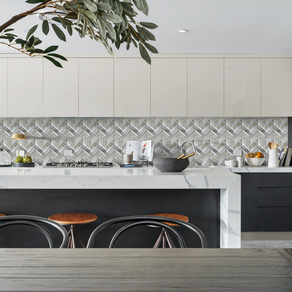 Herringbone Peel and Stick Backsplash, Faux Stone PVC Self Adhesive Marble Tiles for Kitchen Bathroom