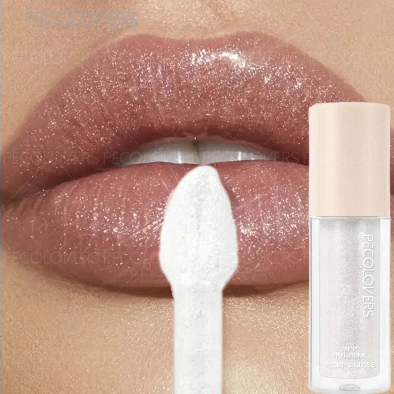 Glitter plumping lip gloss in a shiny nude shade with mirror-like finish and applicator wand. Moisturizing lip makeup.
