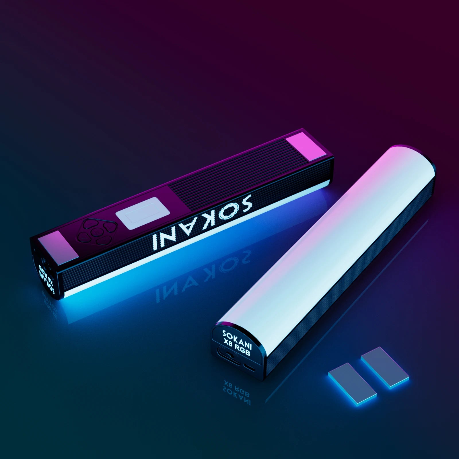 Sokani X8 RGB LED light sticks with metal housing, control panel, and screen for photography and video lighting.