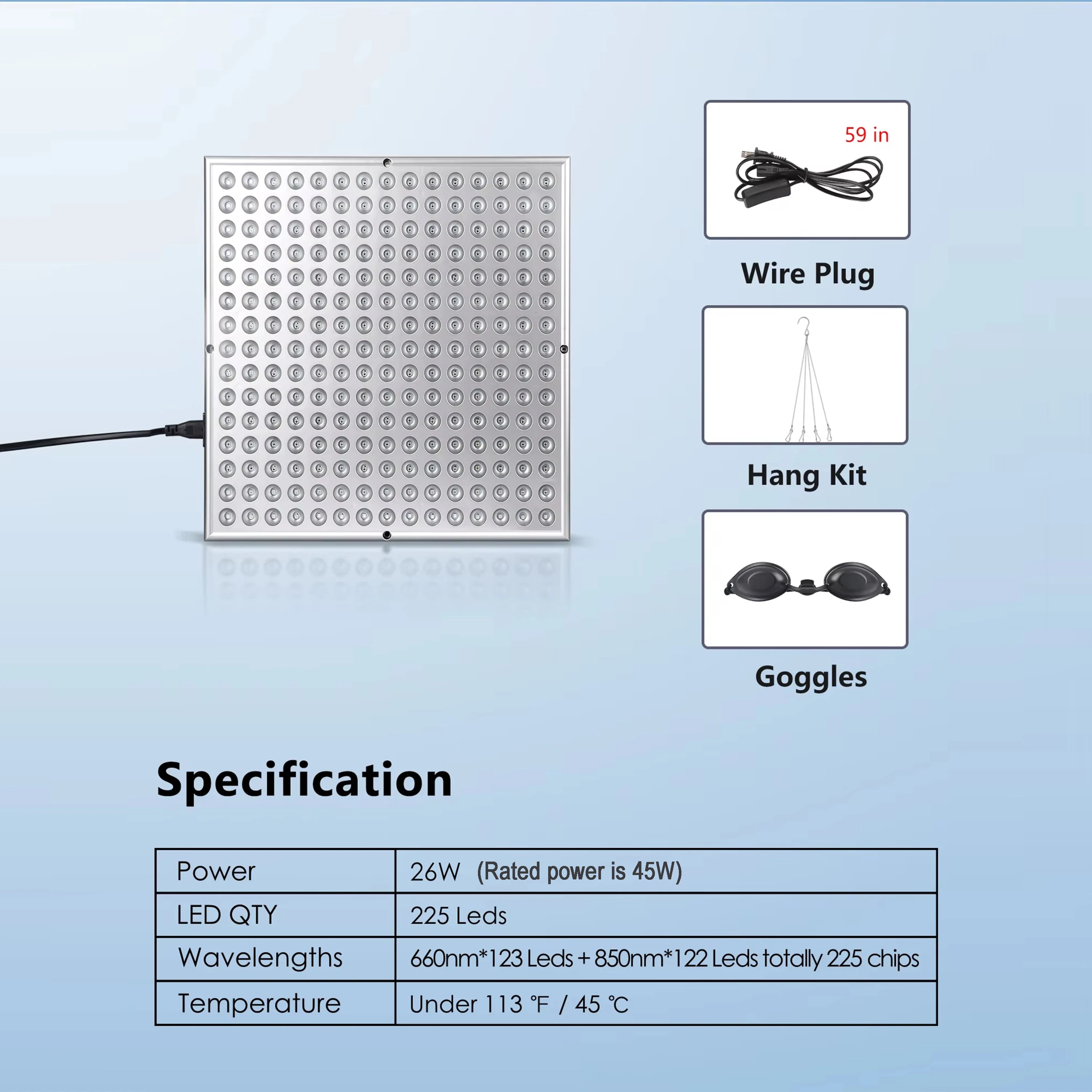 Square LED red light therapy panel with 225 bulbs, power cord, hanging kit, goggles, and technical specifications table.