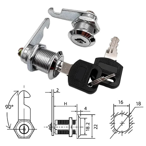 Cam cylinder lock with two keys and mounting hardware, silver metal and black fobs