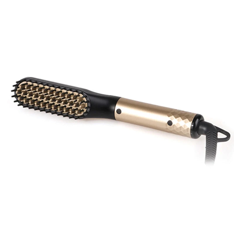 Gold and black portable beard straightener brush with professional fast-heating teeth for men's styling.