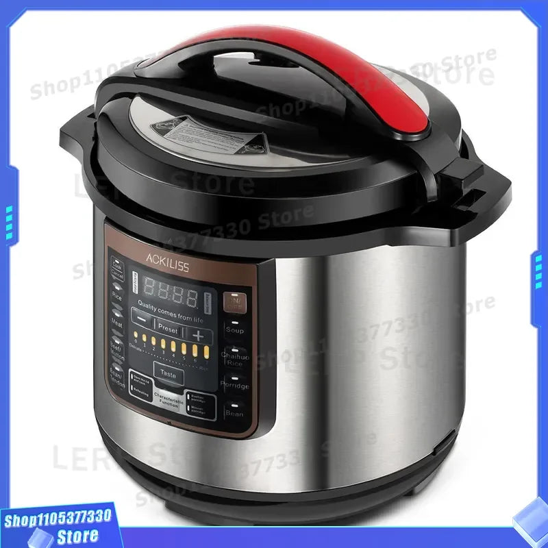 Electric pressure cooker with red side handle, black lid, stainless steel body, control display