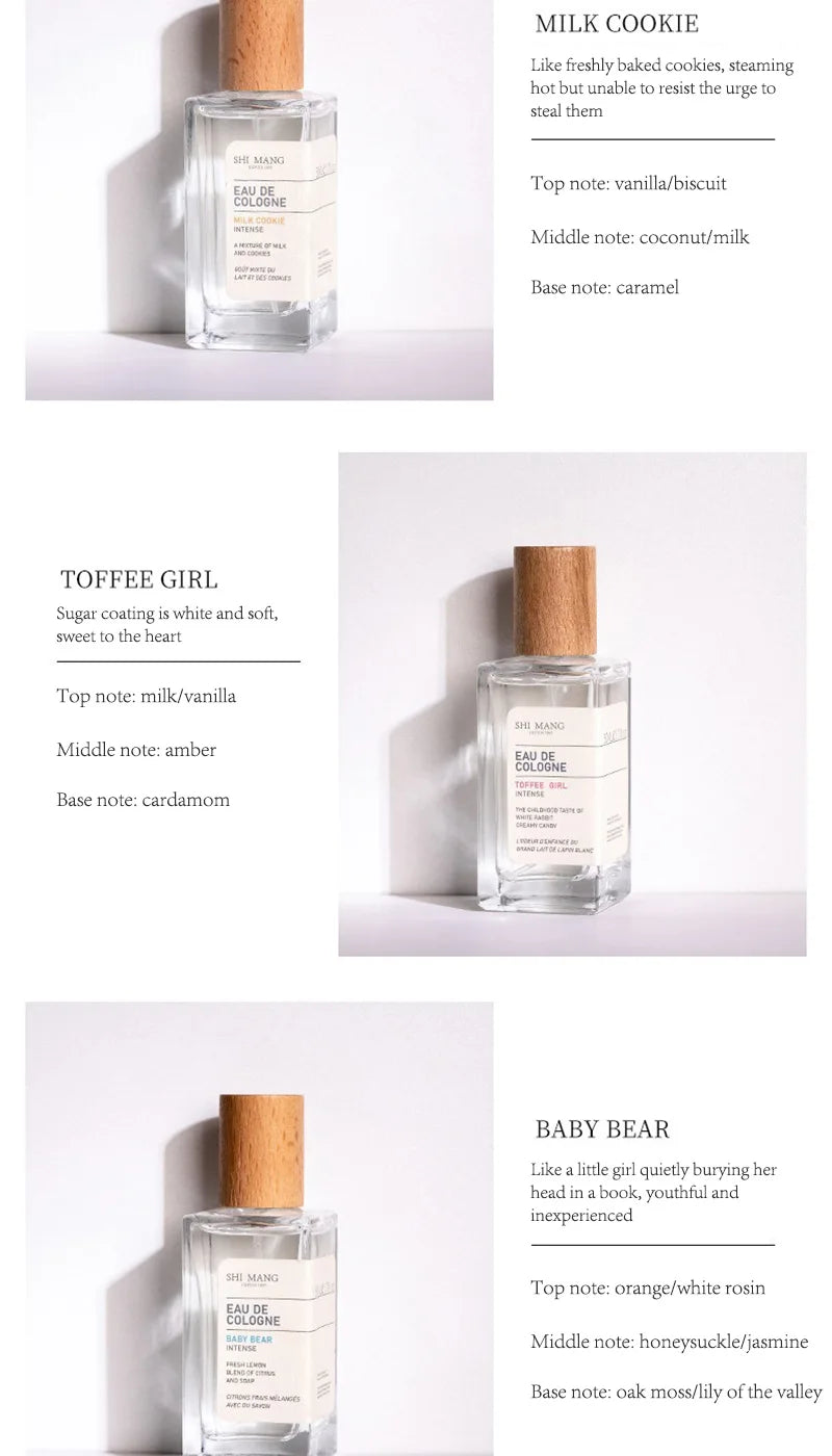 Three square glass perfume bottles with wooden caps, labeled Milk Cookie, Toffee Girl, and Baby Bear.