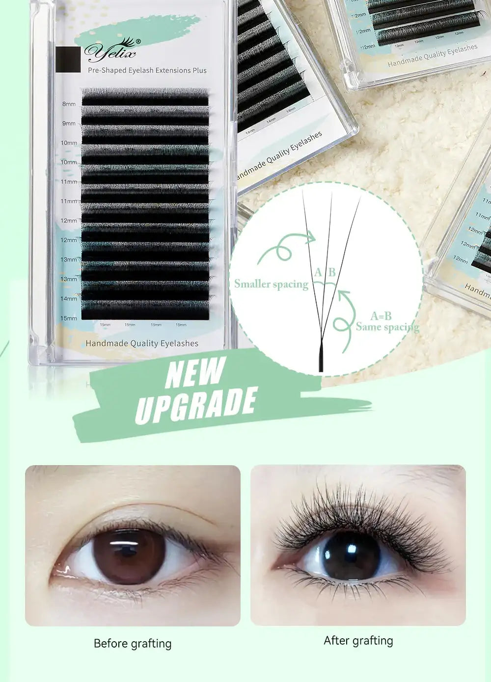 Yelix 3D W-shape premade volume lash extension trays showing before and after application examples.