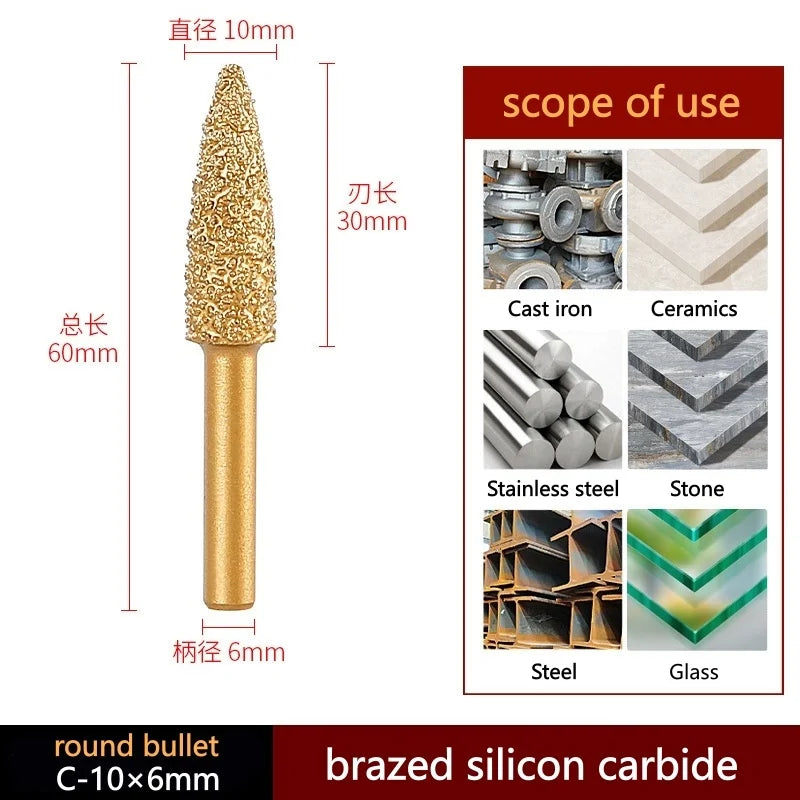 Gold brazed diamond grinding head with round bullet tip, 10mm diameter, 6mm shank