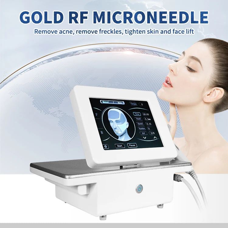 Portable Gold RF Microneedle skin tightening machine with touchscreen for face lifting and wrinkle removal.