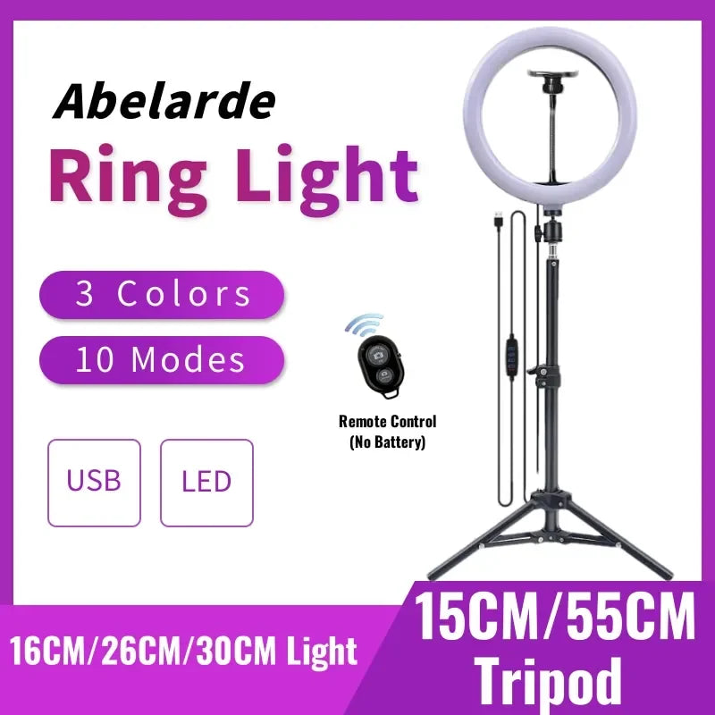 Ring light with adjustable black tripod stand, USB power, and remote control for photography and video lighting.