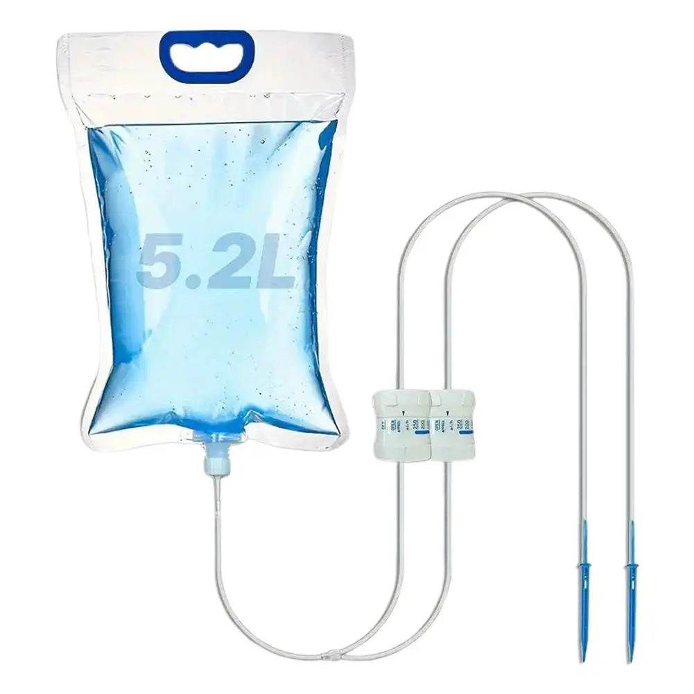 5.2L watering bag dripper kit with blue reservoir, valve block, and two drip stakes