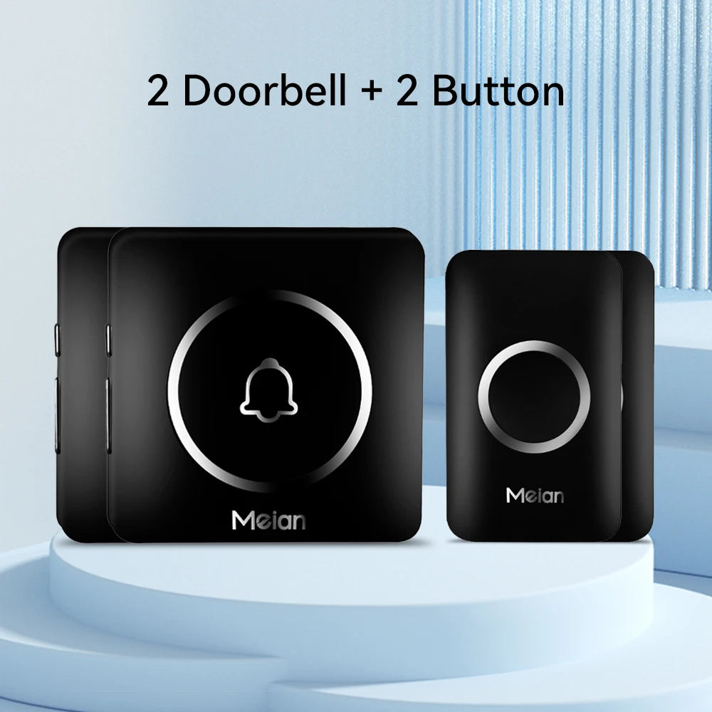 Outdoor wireless doorbell kit (black), 2 doorbells + 2 buttons, round bell icons