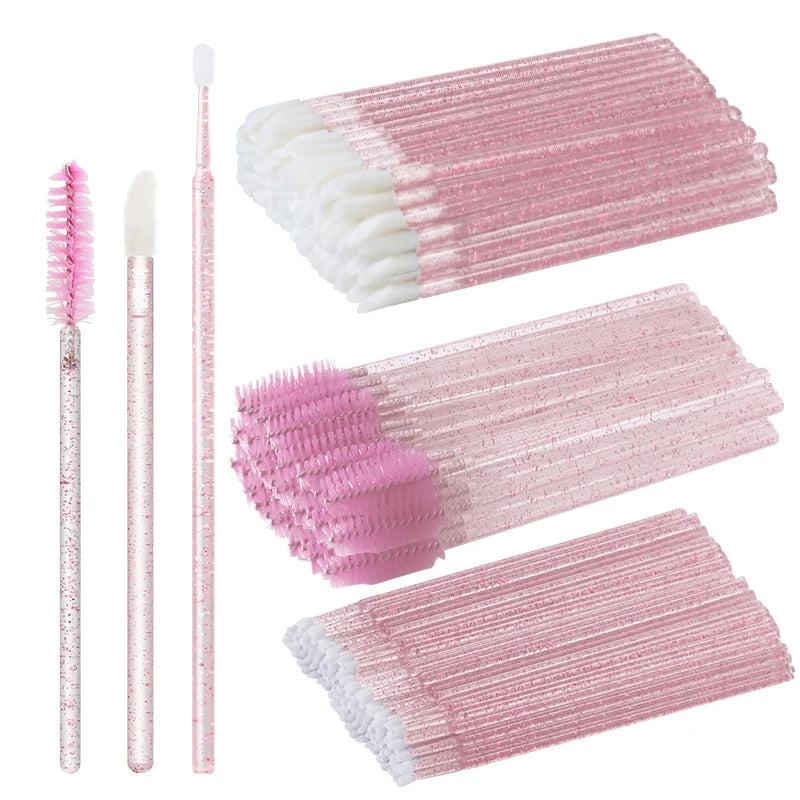 Disposable Eyelash Brushes for Extensions - Premium Soft Crystal Wands False Eyelashes Clear Pink Set Tidesmit