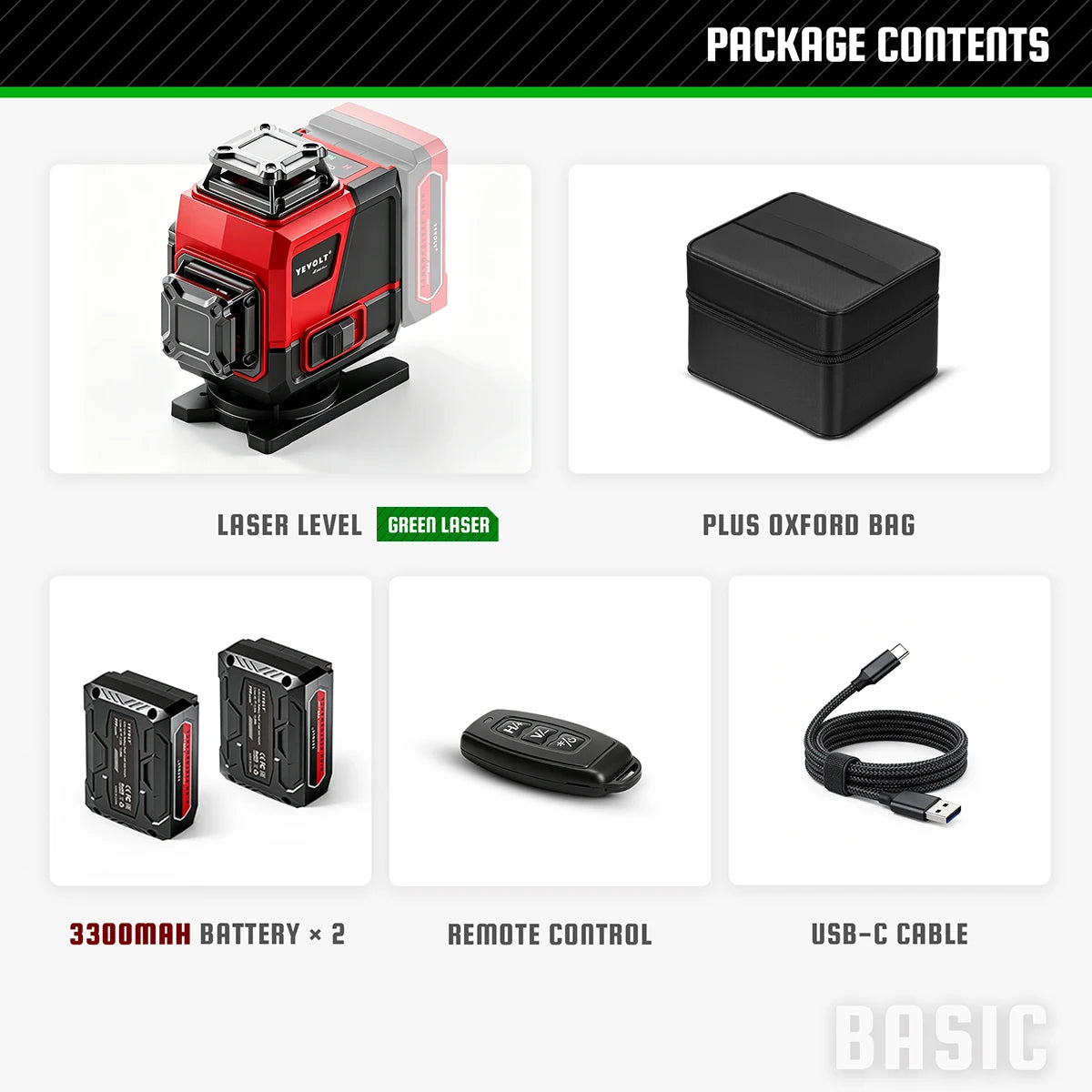 360 green laser level kit with carrying bag, two batteries, remote, and USB-C cable