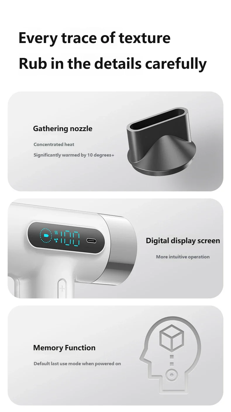 HOMEFISH portable wireless hair dryer featuring a digital display, concentrator nozzle, and memory function.