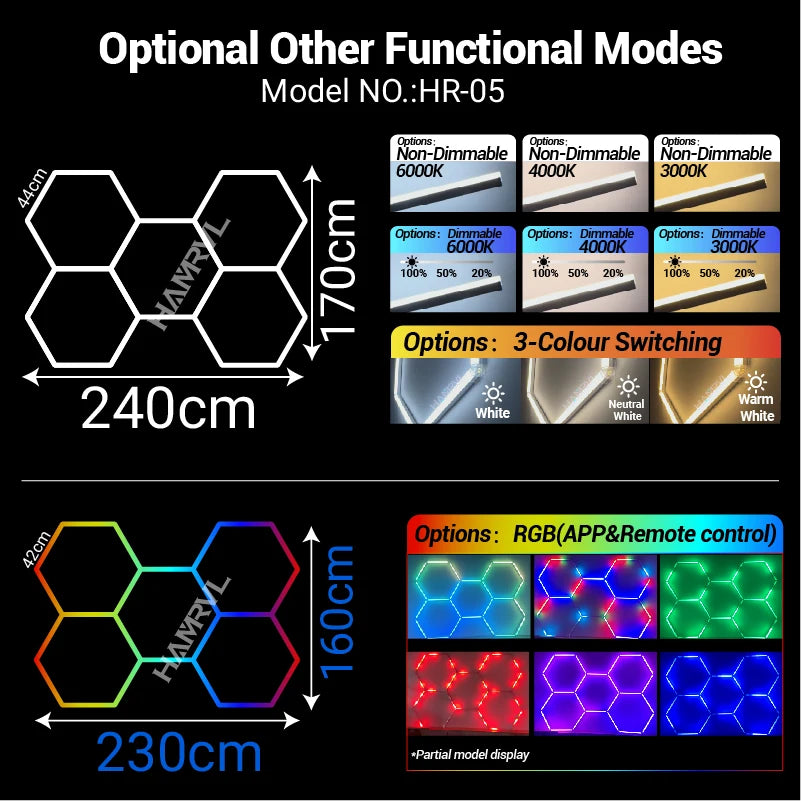 Hexagon honeycomb LED ceiling light panel array with multicolor RGB and 3-color switching