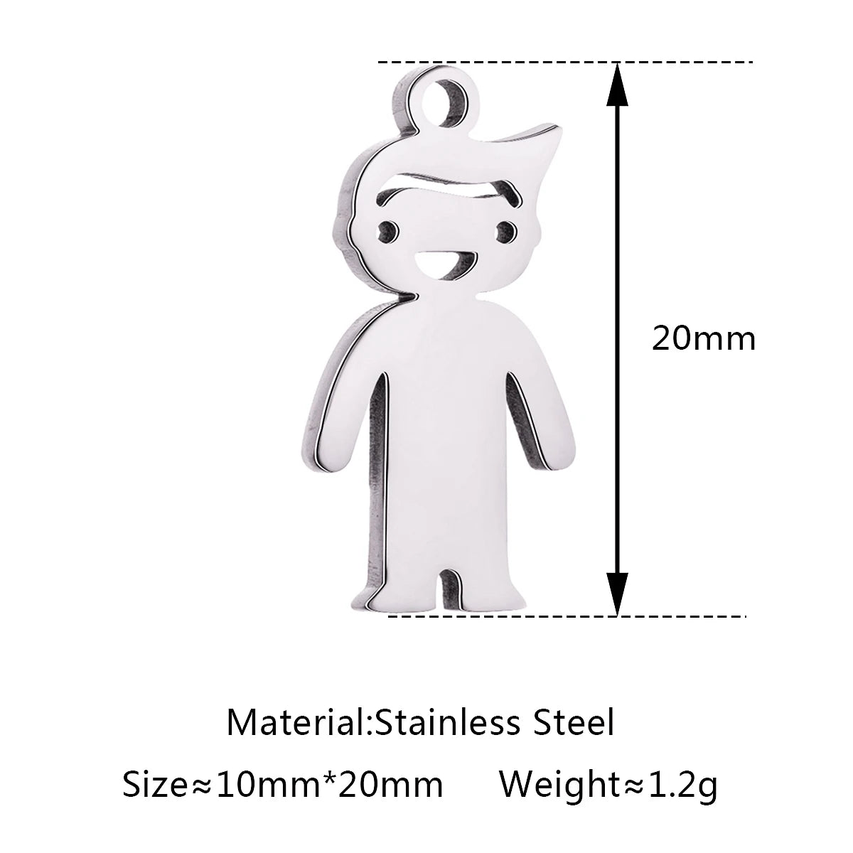Silver stainless steel boy pendant charm (20mm) for DIY jewelry making, necklaces, and bracelets.