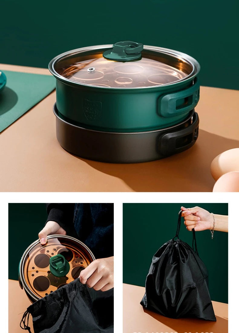 Green portable electric cooker with round lid and stainless steel inner pot