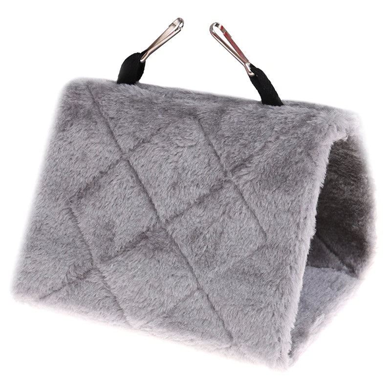 Grey plush hanging hammock for hamsters and birds. Warm, soft triangular bed for small pets to sleep comfortably.