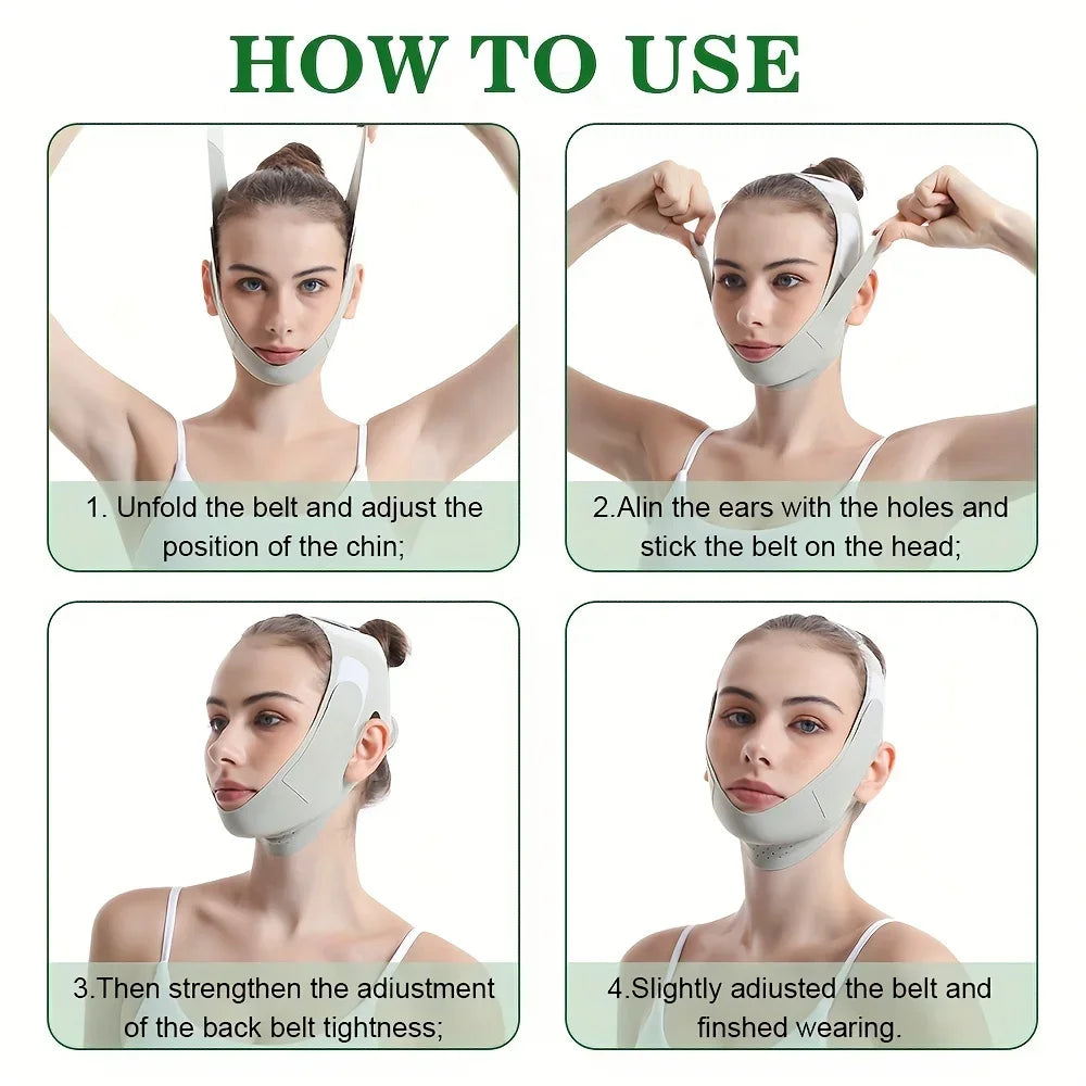 Four-step instructional guide showing a woman wearing a light gray, adjustable V-line face slimming bandage.