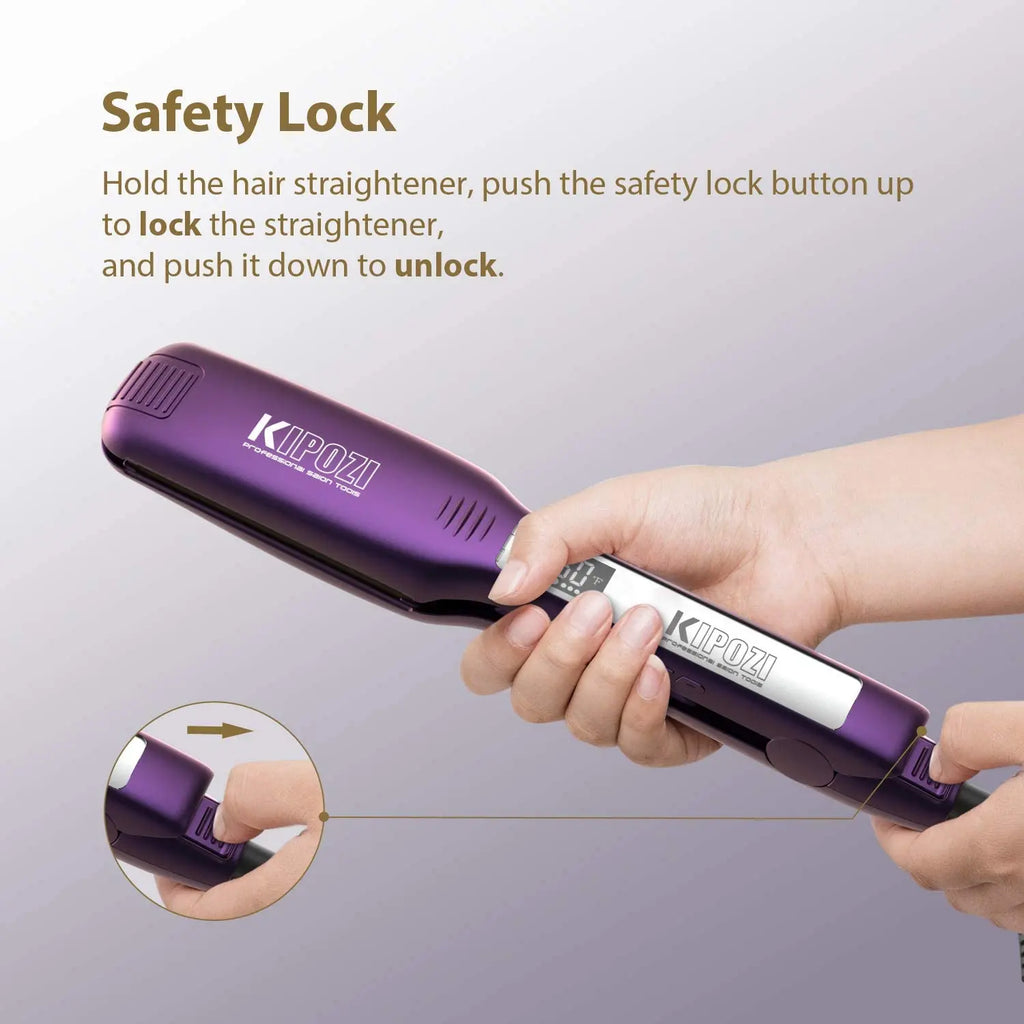 KIPOZI purple professional titanium flat iron with safety lock button and digital LCD display for hair styling.