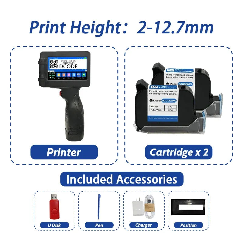 Handheld inkjet printer with cartridge x2 and included accessories diagram