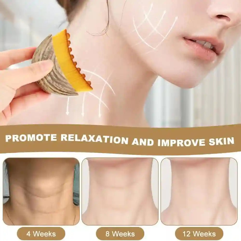 A crescent-shaped facial massage brush with wood-grain handle and orange bristles being used on a neck and jawline.