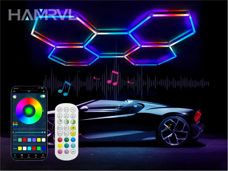 Garage Dimmable Hexagon LED Lighting RGB Color Change 3000-6000K Gym BarberShop Honeycomb Ceiling Lights Halloween Party Gaming