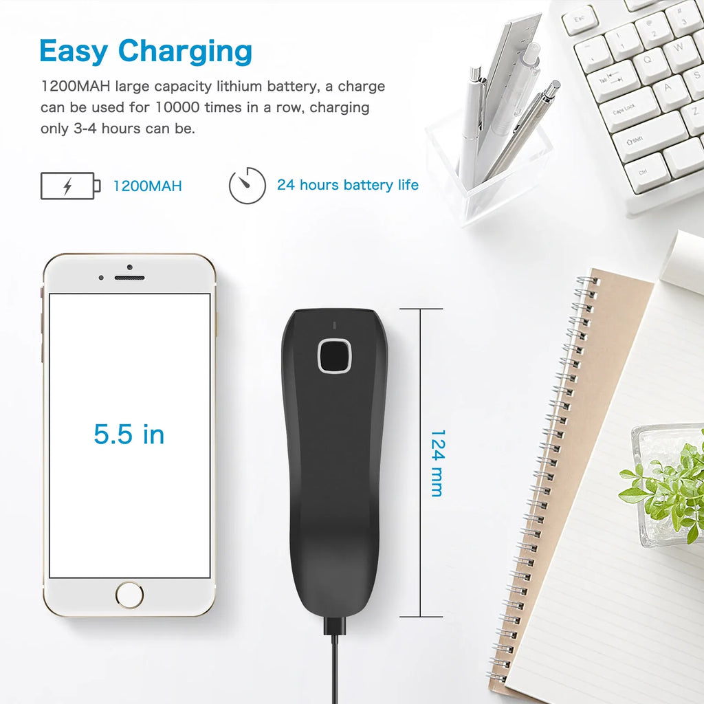 Black portable barcode scanner with red accents and USB charging cable