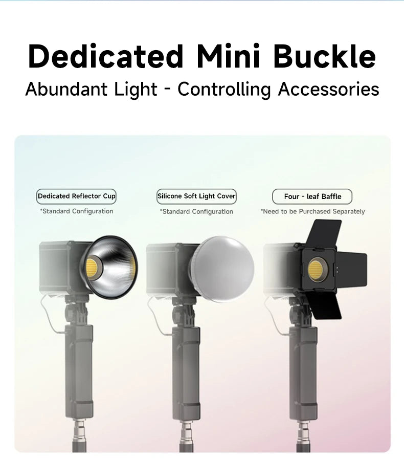 Three lighting accessories for a mini buckle light: a silver reflector, a round white diffuser, and black barn doors.