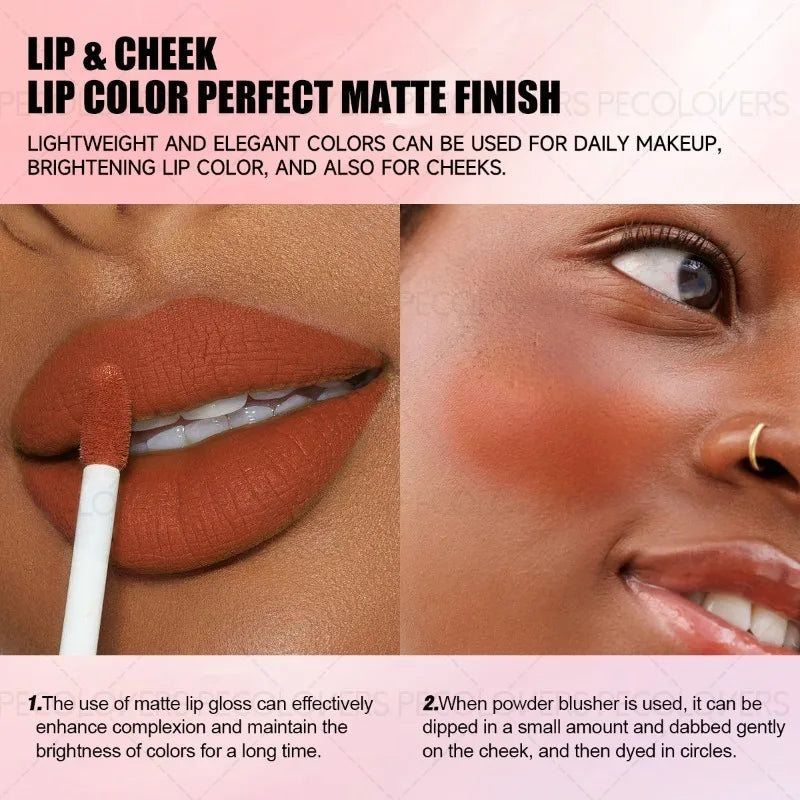 Long-lasting matte lip and cheek tint with a terracotta shade, smooth non-drying texture, and easy-to-apply applicator.