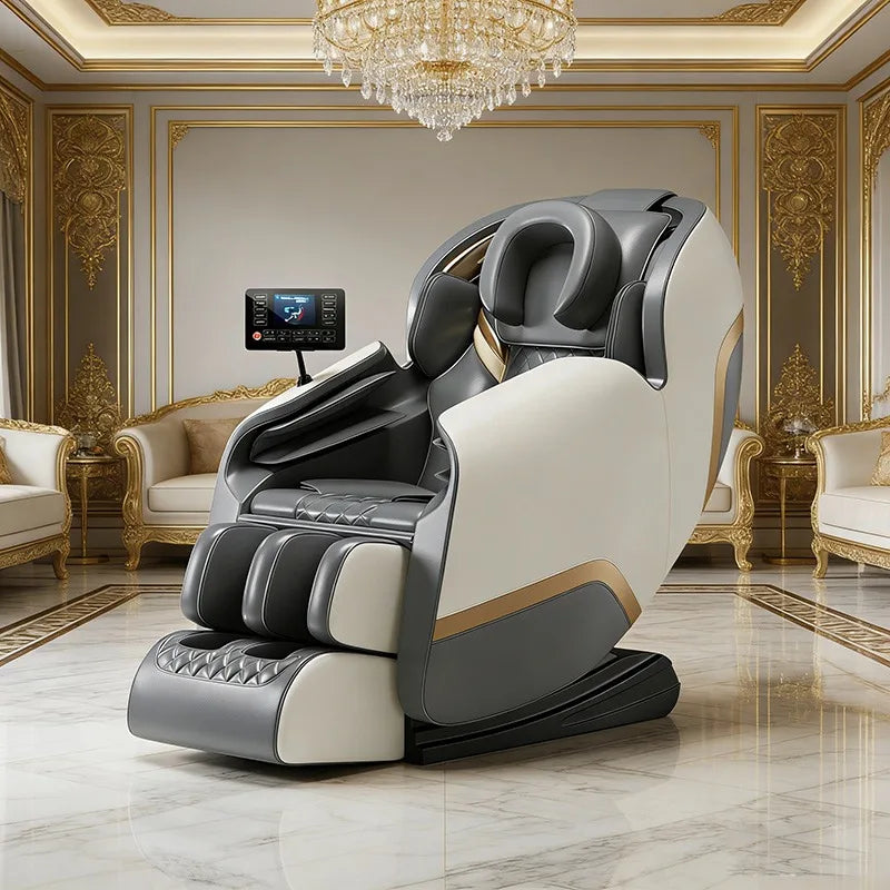 Gray shiatsu massage chair with white seat panels, padded armrests, and control display