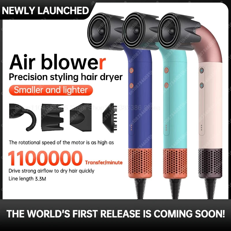Colorful leafless negative ion hair dryer with precision styling attachments, lightweight design, and high-speed motor.