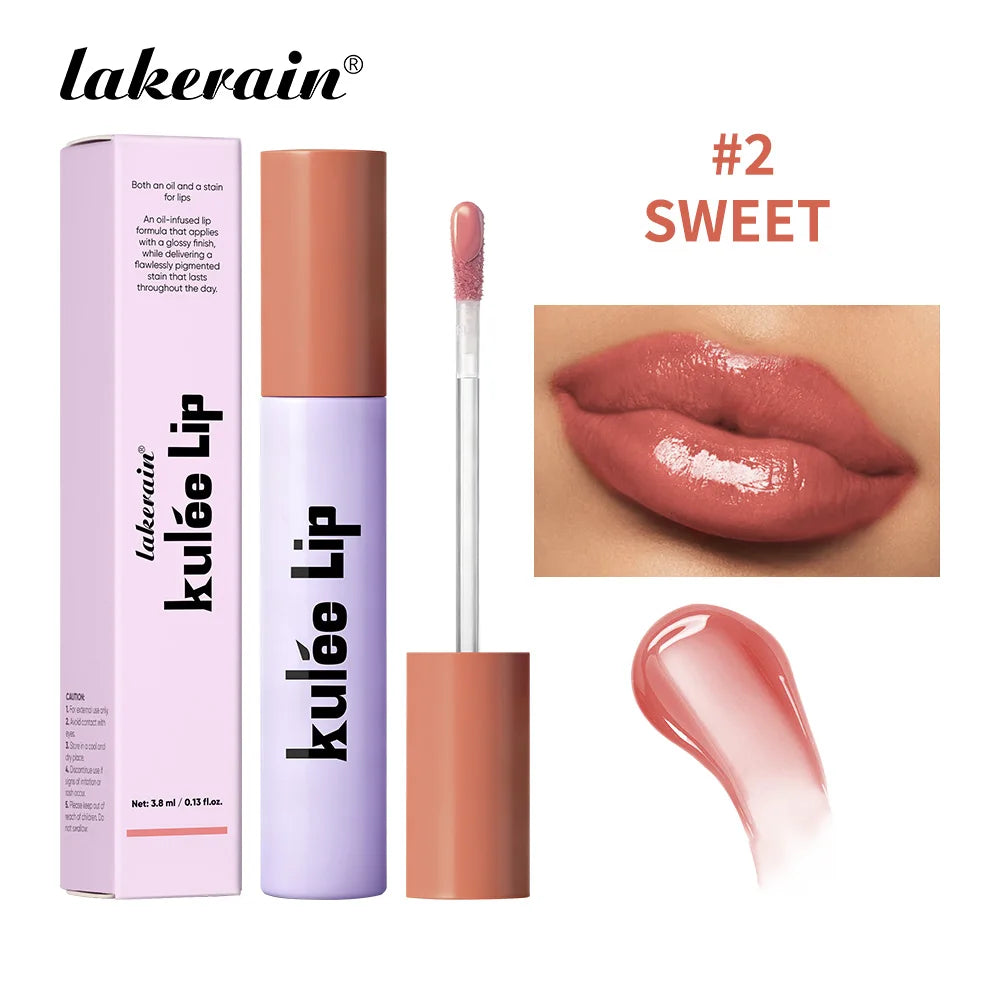 Lakerain Kulfée Lip Oil #2 Sweet: moisturizing non-sticky lip gloss in a smooth glossy pink shade with applicator.