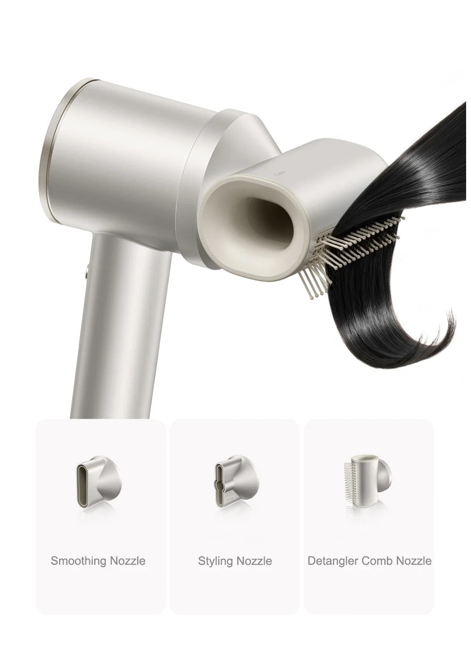 Silver MIJIA High Speed Water Ion Hair Dryer with detangler comb attachment and magnetic styling nozzle accessories.