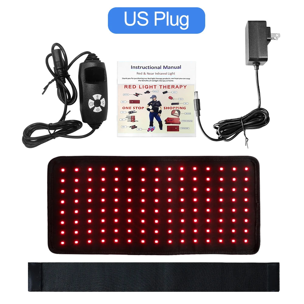 Red light therapy waist belt with 120 LEDs, US power adapter, controller, and manual for pain relief and body shaping.
