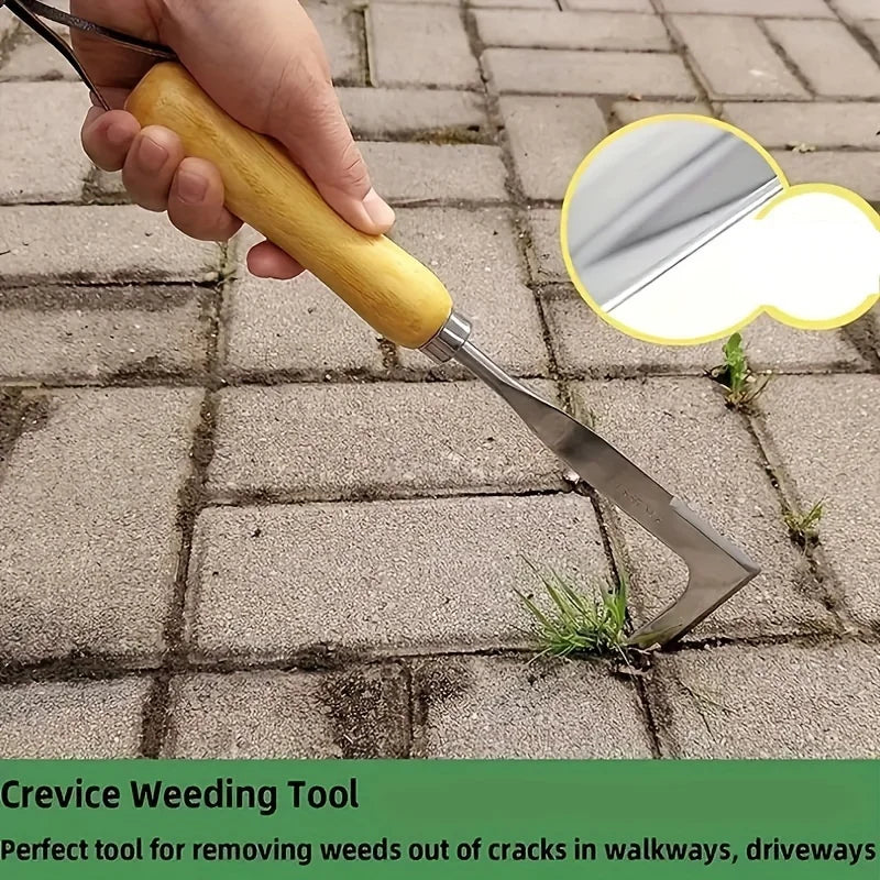 L-shaped crevice weeding tool with wooden handle and wide stainless steel blade