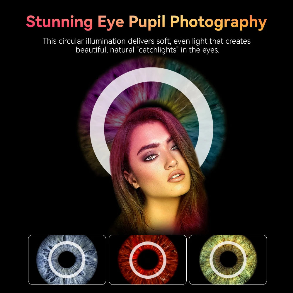 White circular LED ring light for portrait photography, creating catchlights in eyes shown in blue, red, and green.